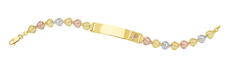 14K Gold Tri Color Heart Link ID Bracelet