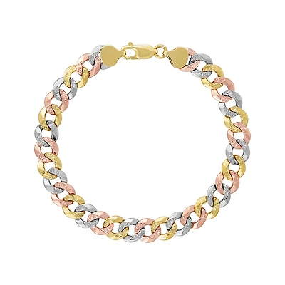 14K Tri Color Gold 8.9mm Curb Diamond Cut Bracelet