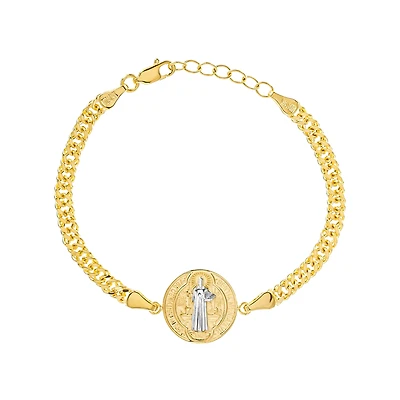 14K Two Tone Gold Double-Sided Saint Benedict Curb Bracelet