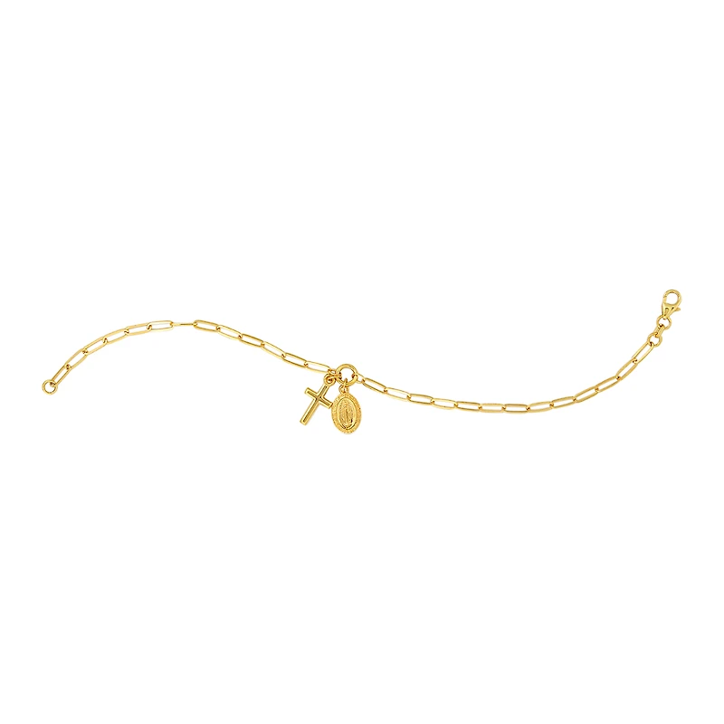 14K Yellow Gold Cross and Lady of Guadalupe Bracelet
