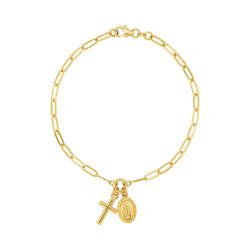14K Yellow Gold Cross and Lady of Guadalupe Bracelet