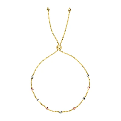 14K Gold Tri-Color Beaded Wheat Chain Bolo Bracelet