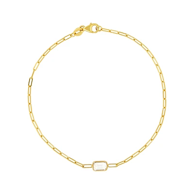 14K Yellow Gold White Topaz Gemstone Paper Clip Bracelet