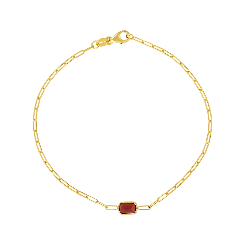 14K Yellow Gold Garnet Gemstone Paper Clip Bracelet