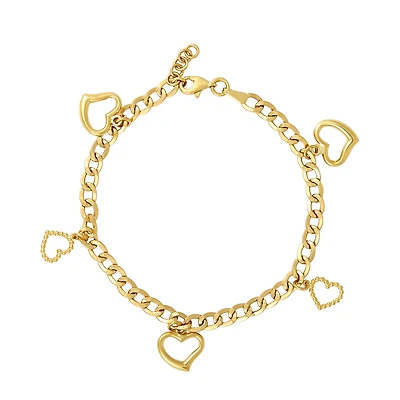 14K Yellow Gold 4.3mm Curb Heart Dangle Bracelet