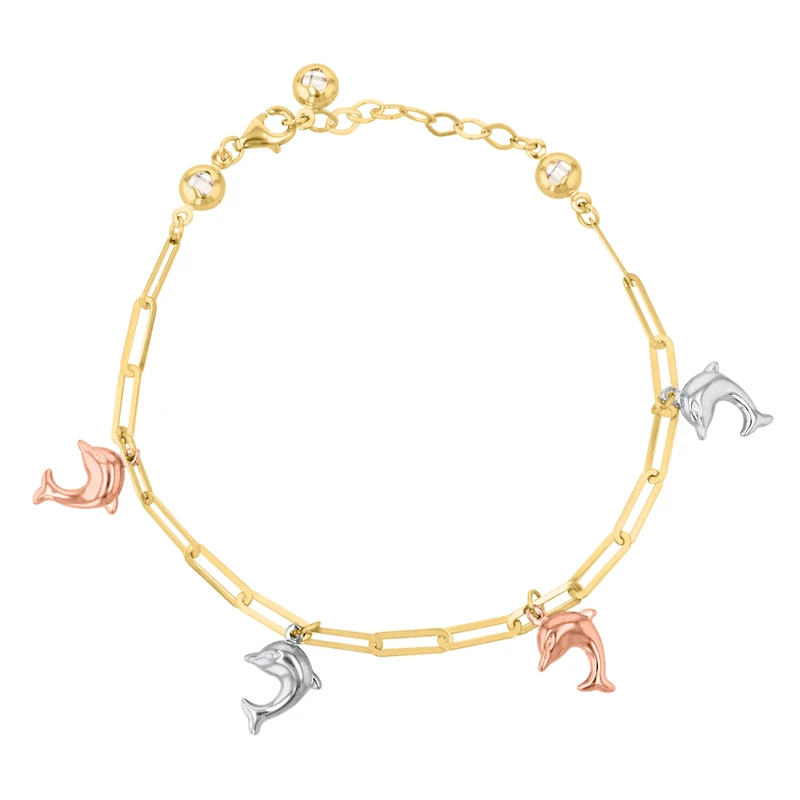14K Tri Color Gold Open Link Dolphin Charm Bracelet