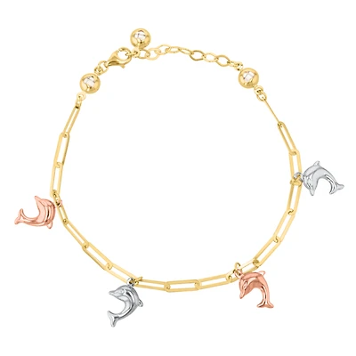 14K Tri Color Gold Open Link Dolphin Charm Bracelet