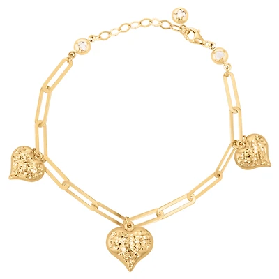 14K Yellow Gold Open Link Ladies Diamond Cut Heart Charm Bracelet