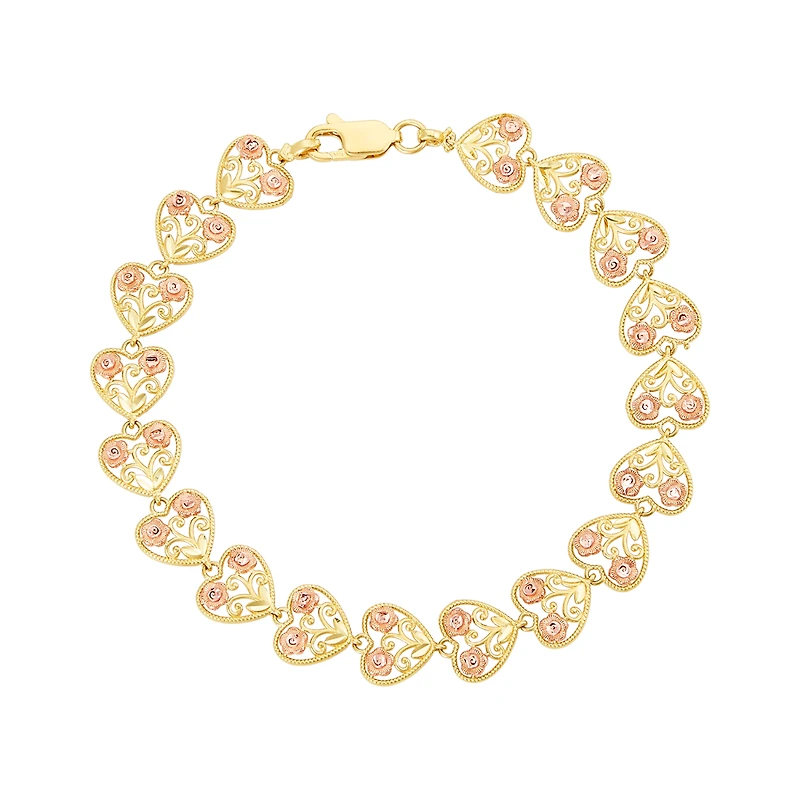 14K Gold Two Tone Hearts and Roses Bracelet