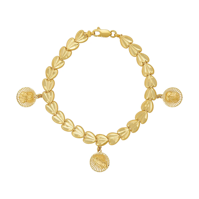 14K Yellow Gold Heart Link Religious Medals Bracelet