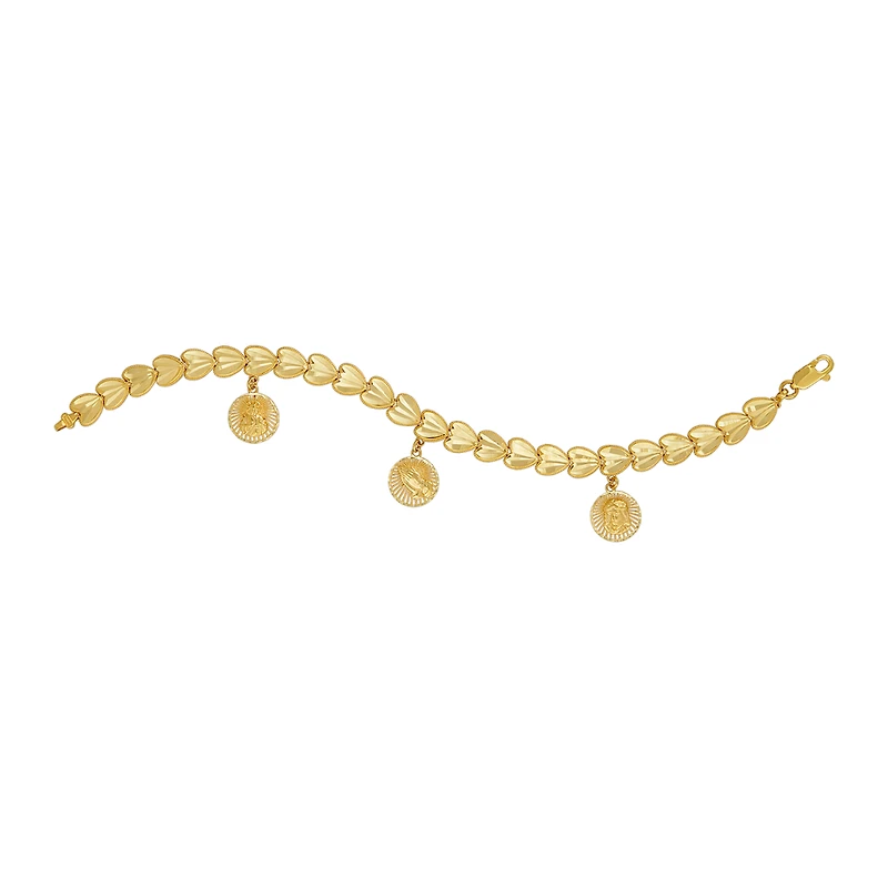 14K Yellow Gold Heart Link Religious Medals Bracelet