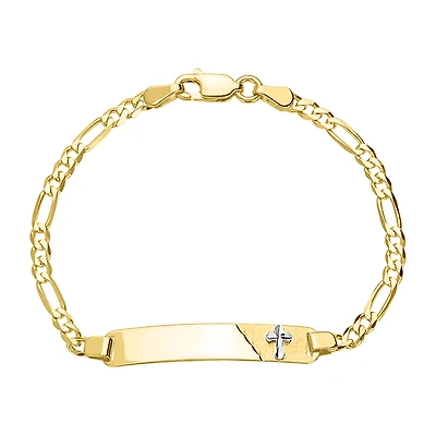 14K Gold Two-Tone Figaro Cross Baby ID Bracelet