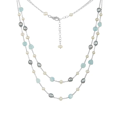 Silver Aqua, White and Grey Pearl Necklace