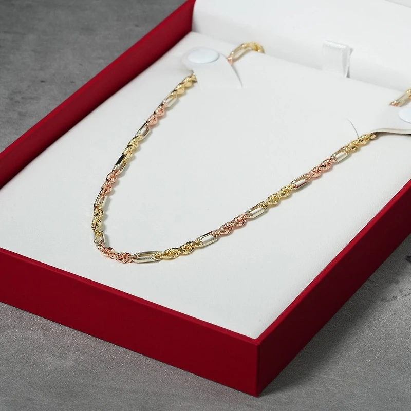 14K Gold Tri Color 3mm Figarope Chain