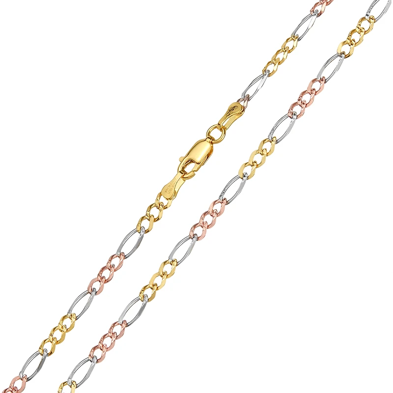 14K Gold Tri Colored 3.7mm Diamond Cut Figaro Chain