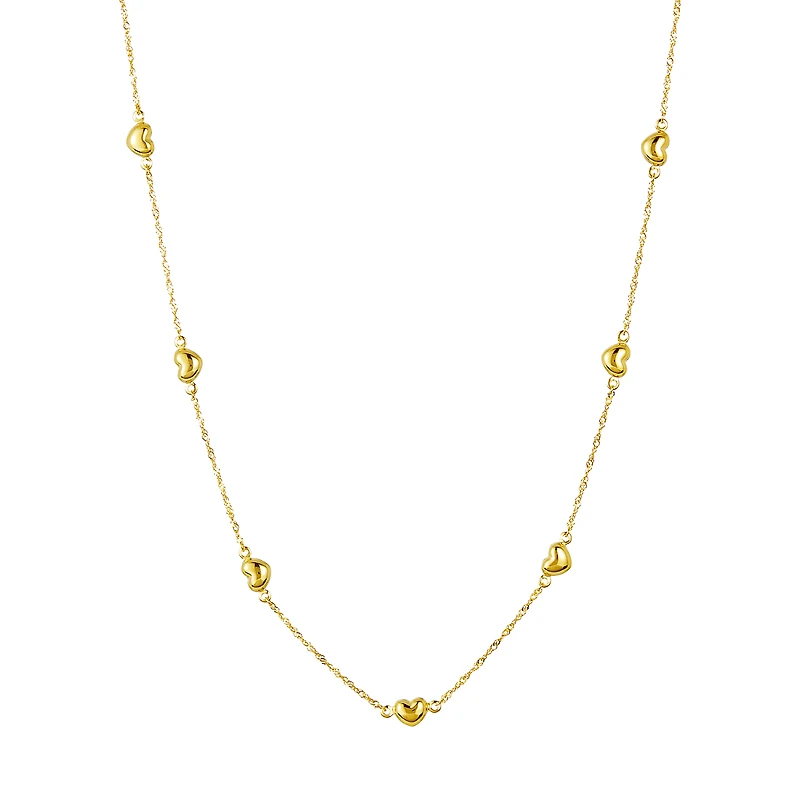 14K Yellow Gold Singapore with Puff Hearts Necklace