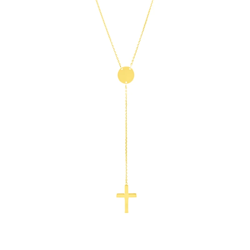14K Yellow Gold Engravable Cross Lariat Necklace