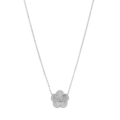 14K White Gold Flower Diamond Cut Pendant Necklace