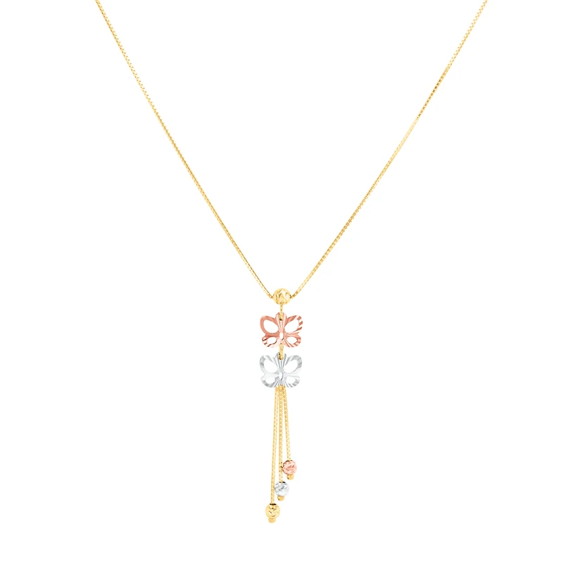 14K Gold Tri Colored Butterfly Lariat Necklace