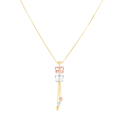 14K Gold Tri Colored Butterfly Lariat Necklace