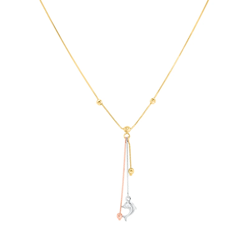 14K Tri Color Diamond Cut Bead Dolphin Lariat Necklace