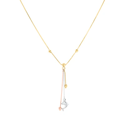 14K Tri Color Diamond Cut Bead Dolphin Lariat Necklace
