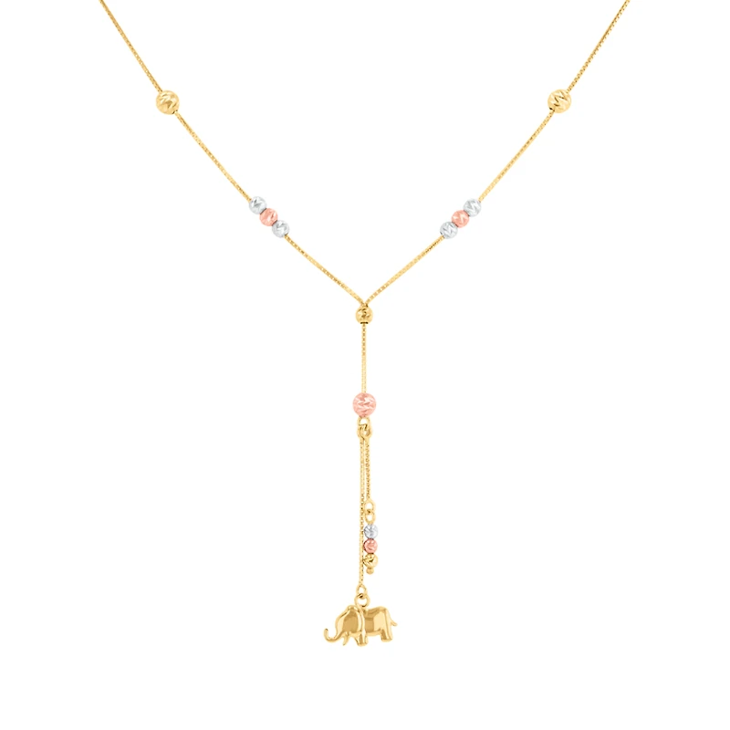 14K Tri Color Diamond Cut Bead Elephant Lariat Necklace