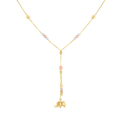 14K Tri Color Diamond Cut Bead Elephant Lariat Necklace