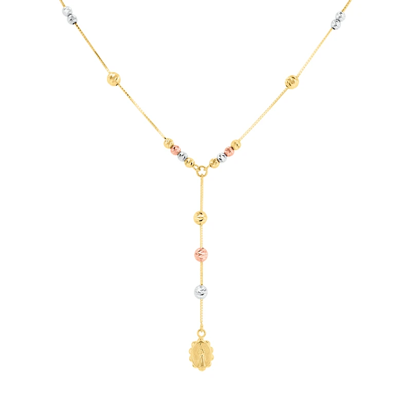 14K Tri Color Diamond Cut Bead Virgin Mary Lariat Necklace