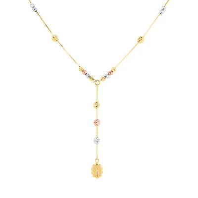 14K Tri Color Diamond Cut Bead Virgin Mary Lariat Necklace