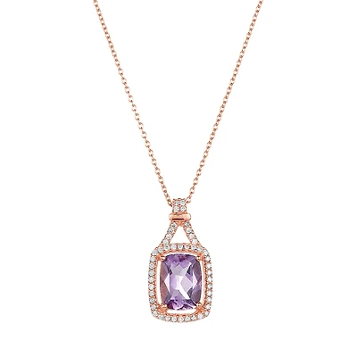 14K Rose Gold Rose De France Amethyst Diamond Pendant Necklace