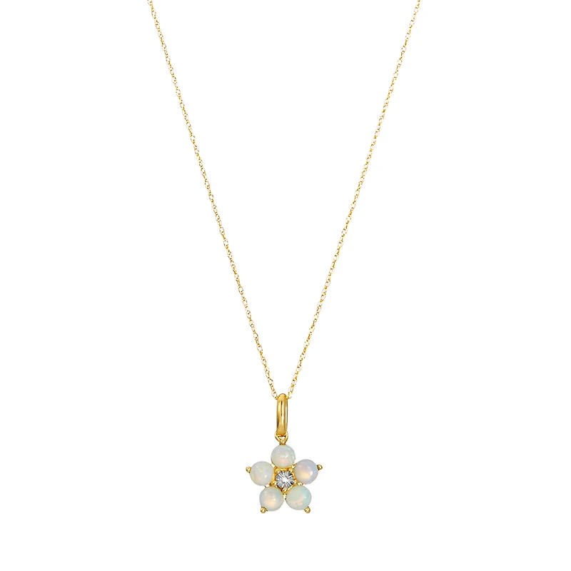 14K Yellow Gold Opal Flower Pendant Necklace