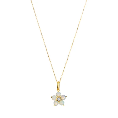 14K Yellow Gold Opal Flower Pendant Necklace