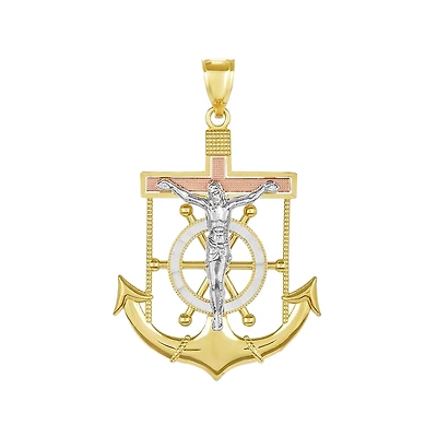 14K Gold Tri-Color Anchor Crucifix Pendant