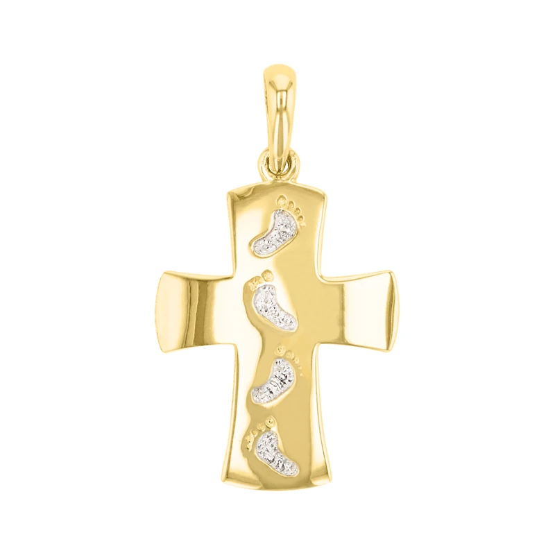 14K Gold Two Tone High Polish Footprint Cross