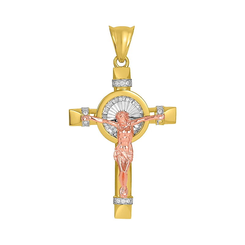 14K Tri Color Gold CZ Crucifix Pendant