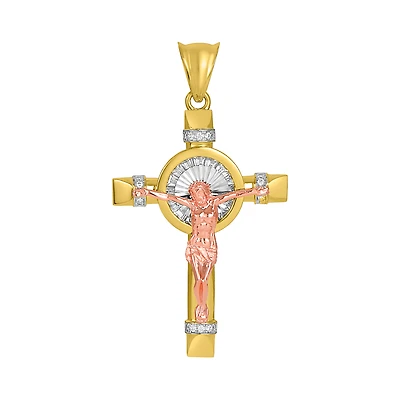 14K Tri Color Gold CZ Crucifix Pendant