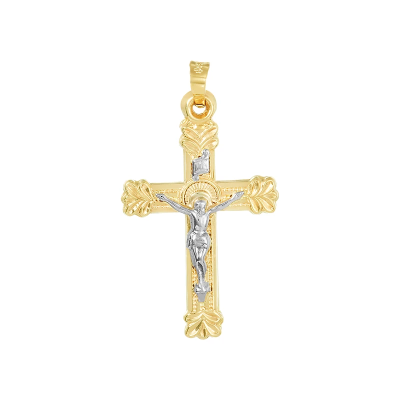 14K Gold Two Tone Leaf Ends Crucifix