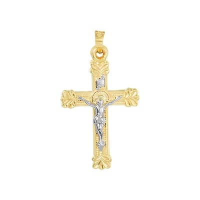 14K Gold Two Tone Leaf Ends Crucifix