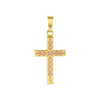 14K Gold Two Tone Leaf Pattern Cross