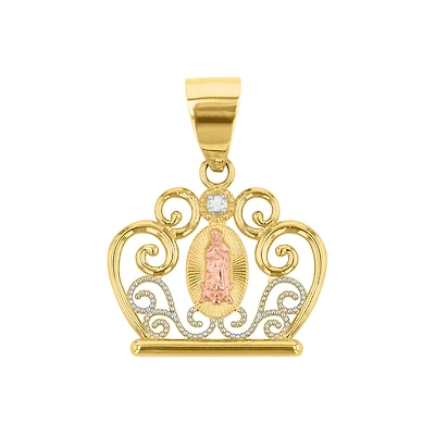 14K Gold Tri Color Diamond Crown Lady of Guadalupe Medal