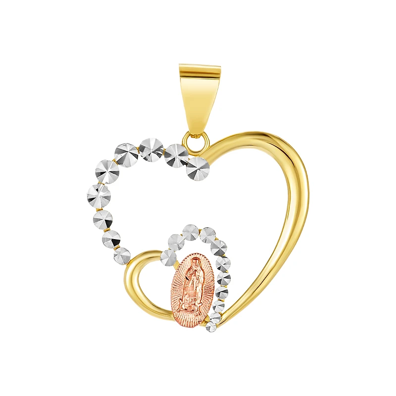 14K Gold Tri Colored Diamond Cut Lady of Guadalupe Heart Pendant