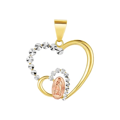 14K Gold Tri Colored Diamond Cut Lady of Guadalupe Heart Pendant