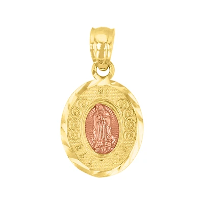 14K Gold Two Gold 14mm Lady of Guadalupe Diamond Cut Oval Medal