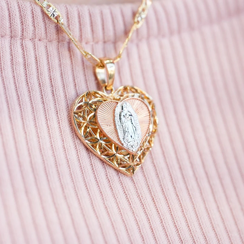 14K Gold Tri-Color Heart Guadalupe Medal