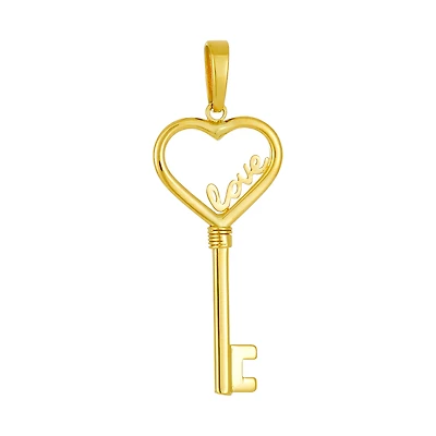 14K Yellow Gold Love and Heart Key Pendant