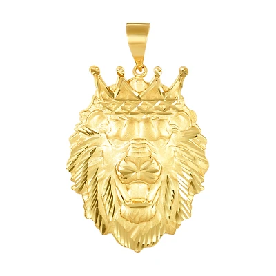 14K Yellow Gold Diamond Cut Lion and Crown Pendant