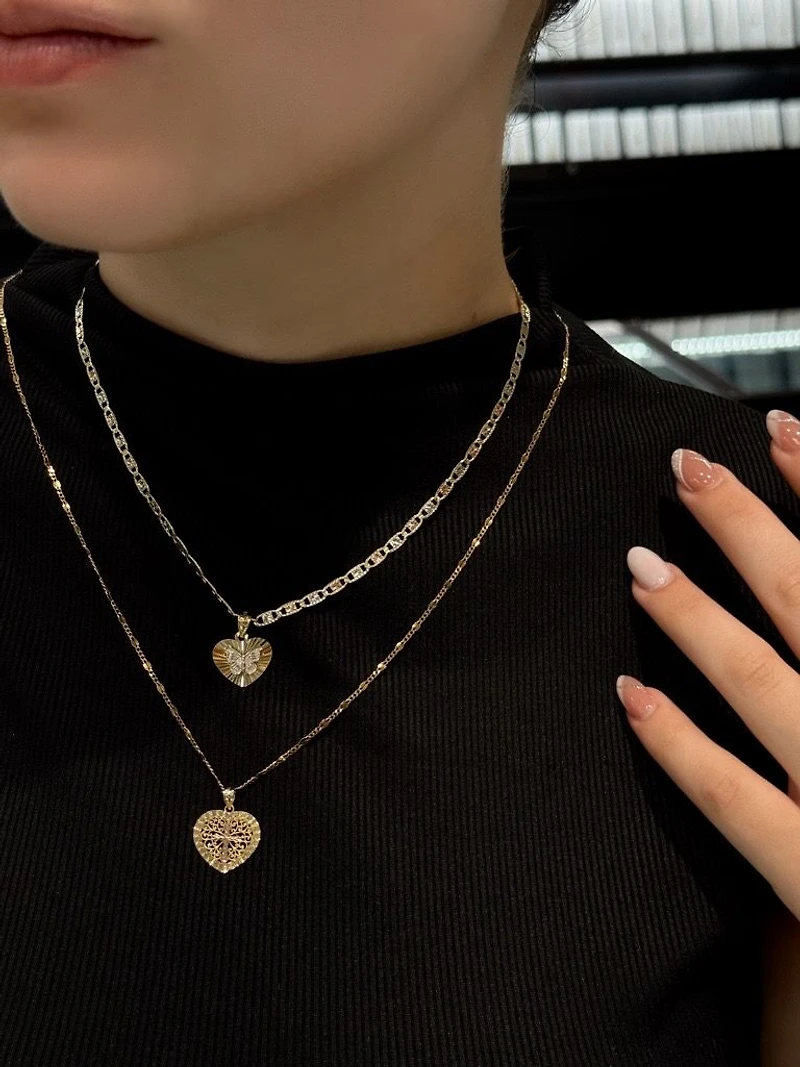 14K Two Tone Gold Butterfly Diamond Cut Heart Pendant