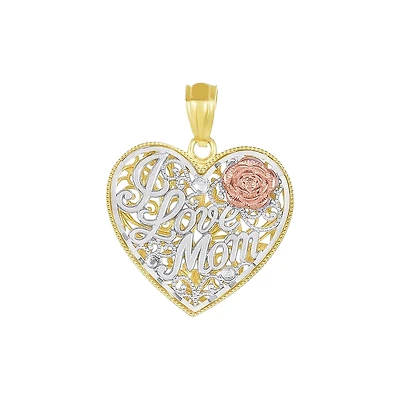 14K Gold Tri-Color Heart-Shaped "I Love Mom" Pendant