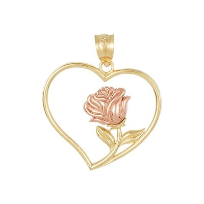 14K Gold Two Tone Rose Inside Heart Pendant